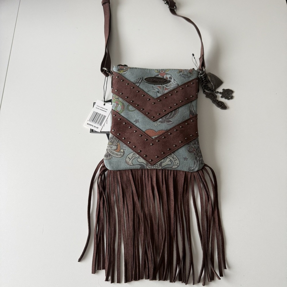 Ed Hardy Chevron Denim Fringe Crossbody Purse Tattoo Design NWT